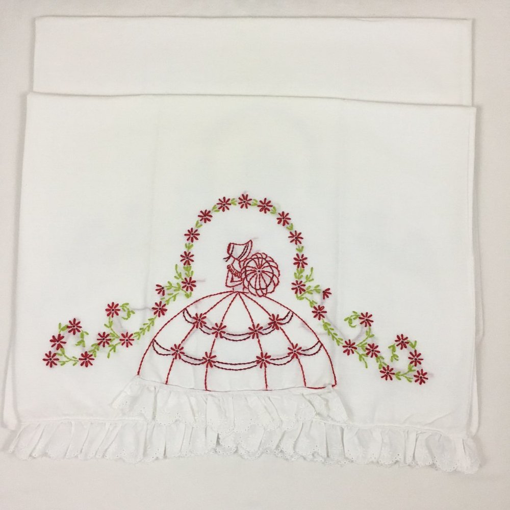 VTG Embroidered Pillowcases Lady Southern Belle Bonnet Umbrella Floral Eyelet